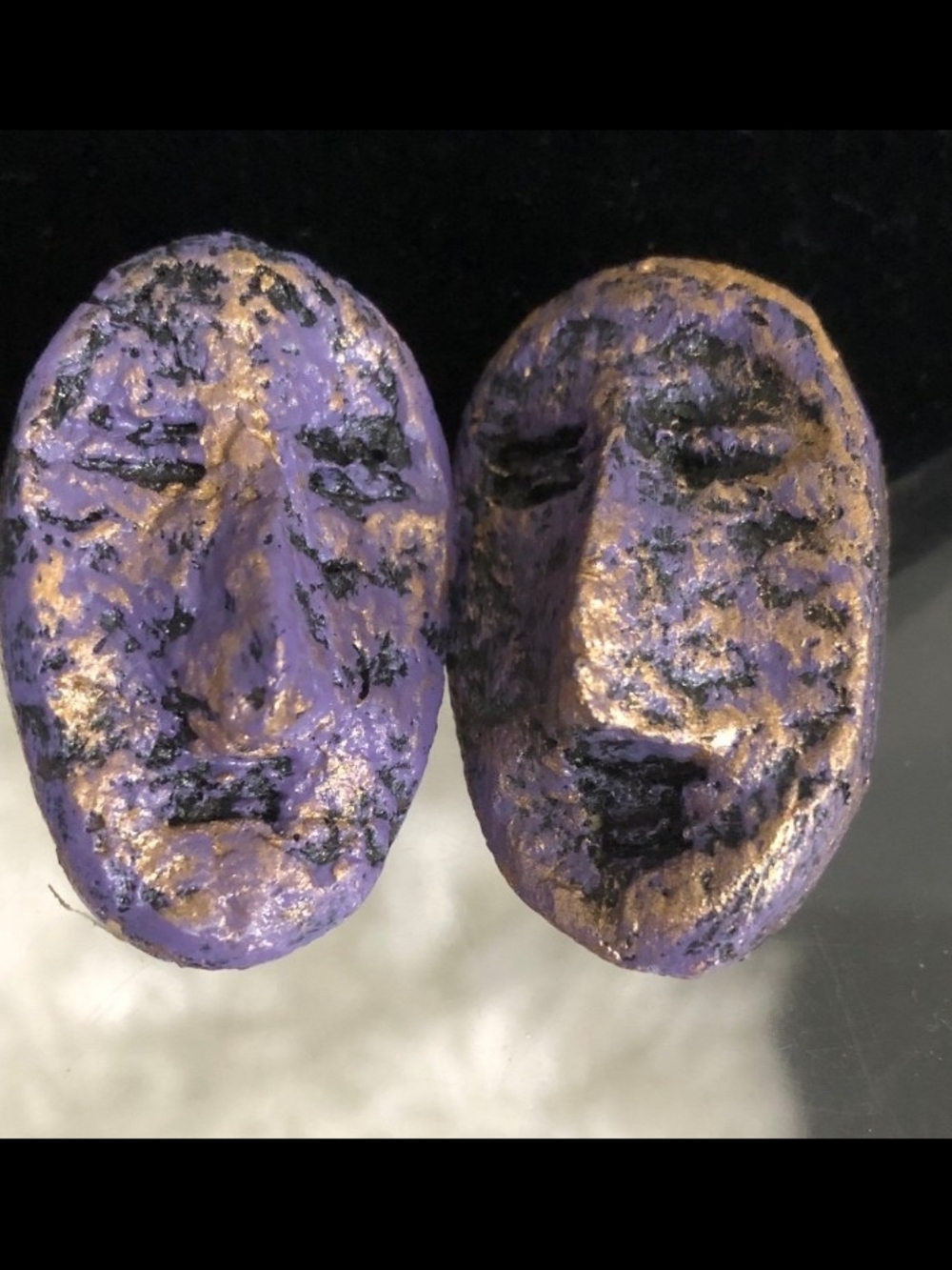 Vintage Artisan Face Post Earrings – Textured Purple Gold Goth Boho Mask Jewelry